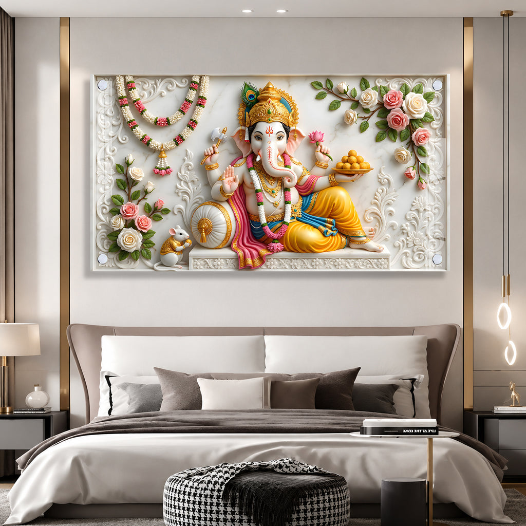 Sacred Lord Ganesha Acrylic Painting with Floral Garland for Temple Wall Decor