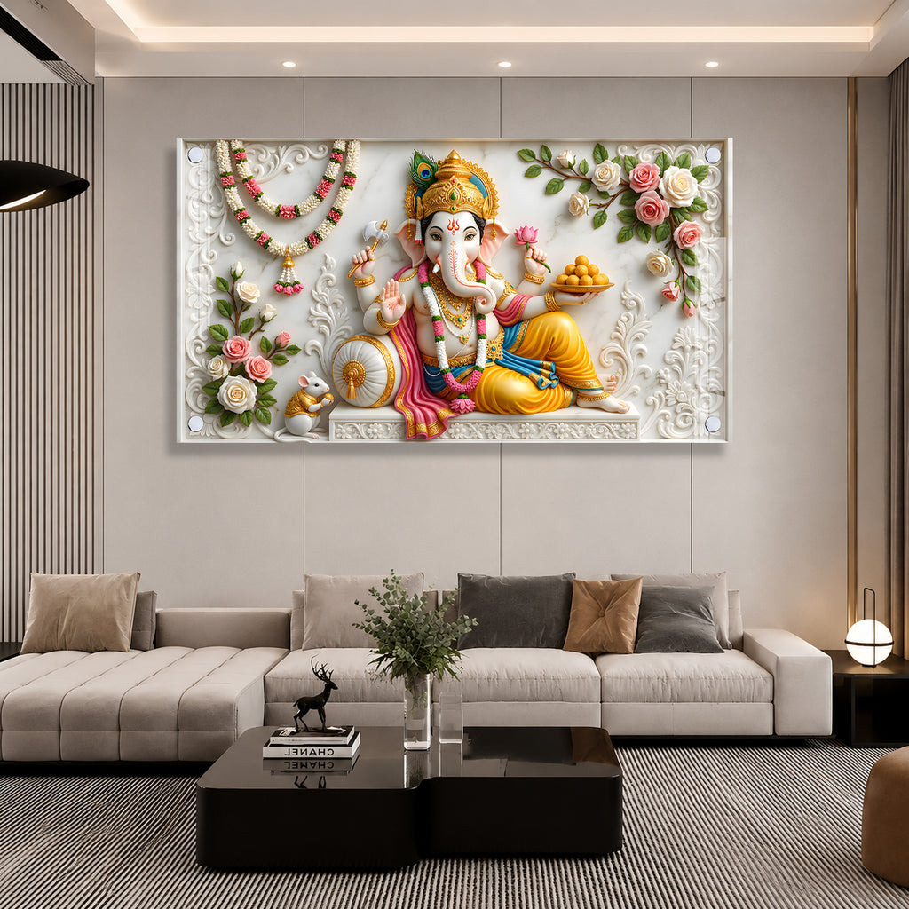 Sacred Lord Ganesha Acrylic Painting with Floral Garland for Temple Wall Decor