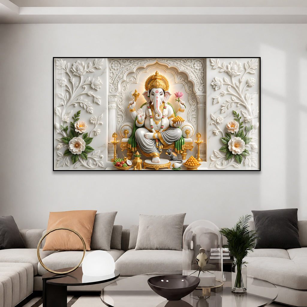 Premium Ganpati Bappa Wall Decor Acrylic Painting with Modak and Lotus Flower