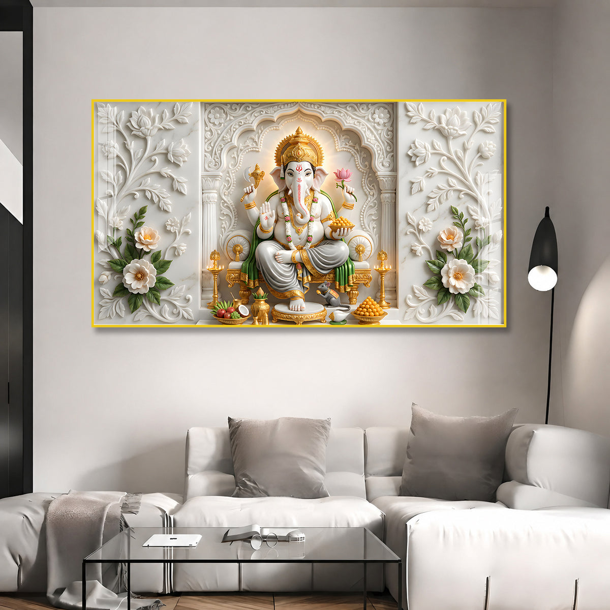 Premium Ganpati Bappa Wall Decor Acrylic Painting with Modak and Lotus Flower
