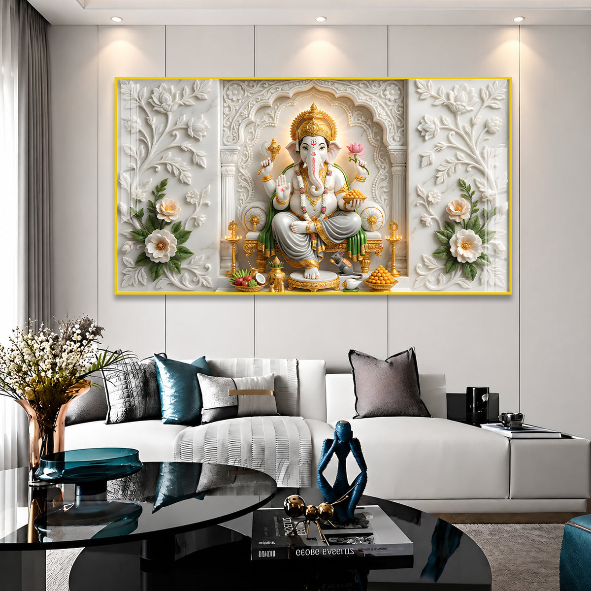 Premium Ganpati Bappa Wall Decor Acrylic Painting with Modak and Lotus Flower
