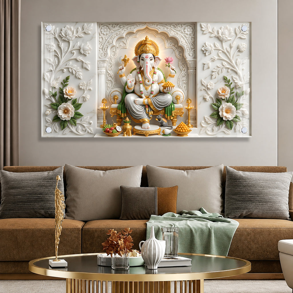 Premium Ganpati Bappa Wall Decor Acrylic Painting with Modak and Lotus Flower