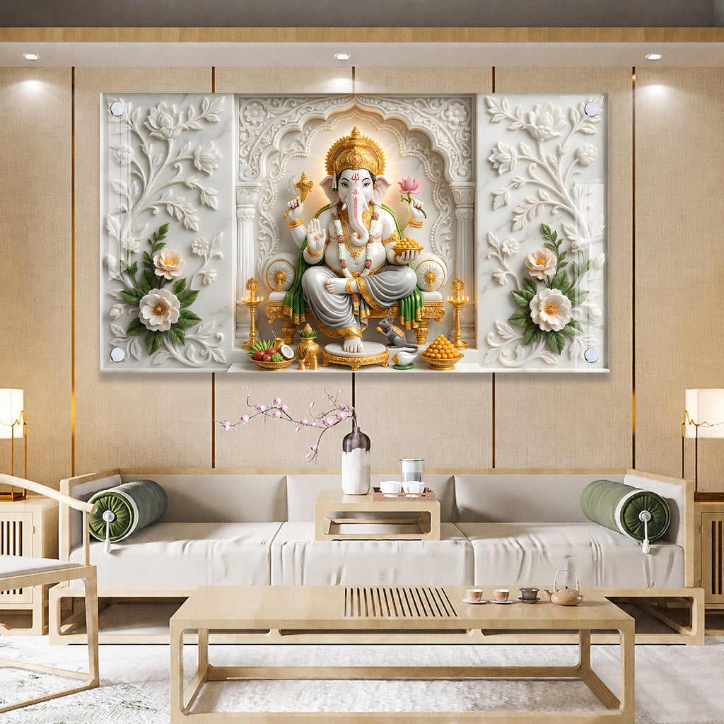 Premium Ganpati Bappa Wall Decor Acrylic Painting with Modak and Lotus Flower