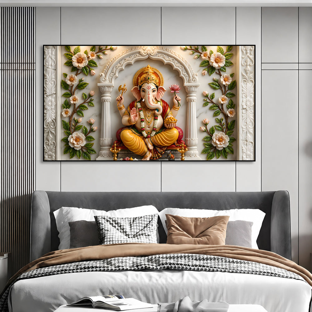 Modern Ganpati Bappa Acrylic Wall Art with Elegant Floral Border and Marble Design