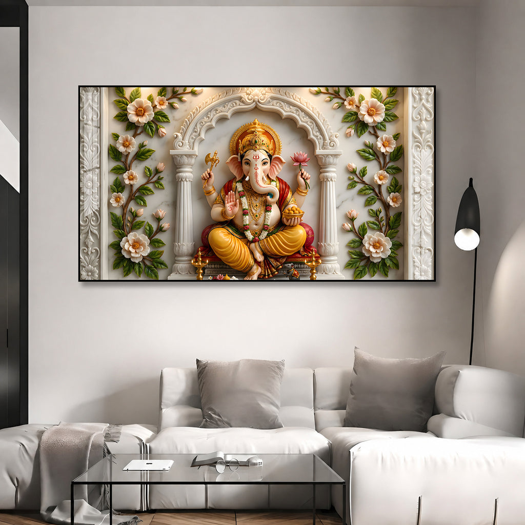 Modern Ganpati Bappa Acrylic Wall Art with Elegant Floral Border and Marble Design