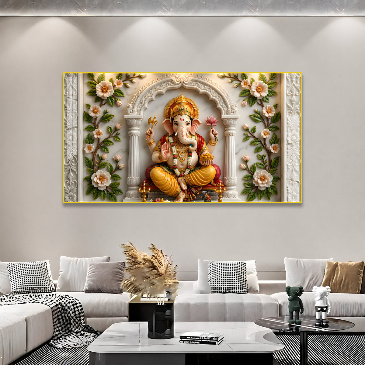 Modern Ganpati Bappa Acrylic Wall Art with Elegant Floral Border and Marble Design
