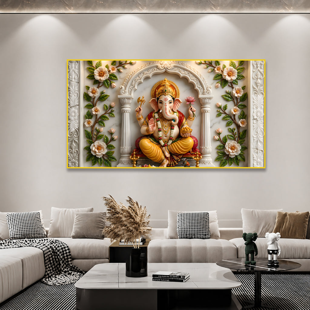 Modern Ganpati Bappa Acrylic Wall Art with Elegant Floral Border and Marble Design