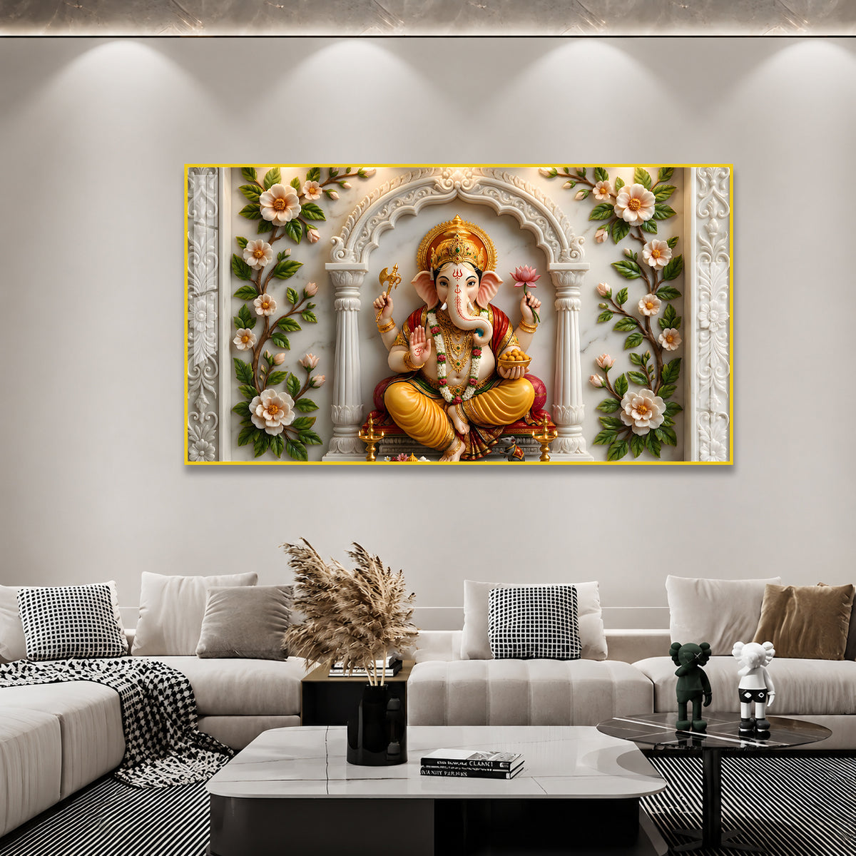 Modern Ganpati Bappa Acrylic Wall Art with Elegant Floral Border and Marble Design
