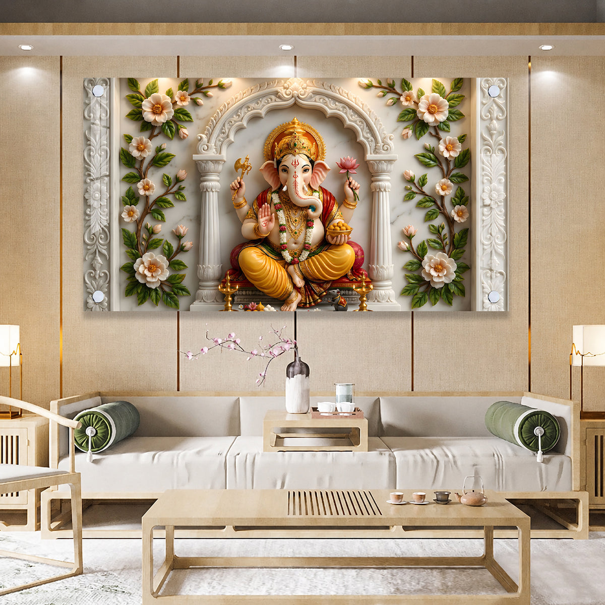 Modern Ganpati Bappa Acrylic Wall Art with Elegant Floral Border and Marble Design