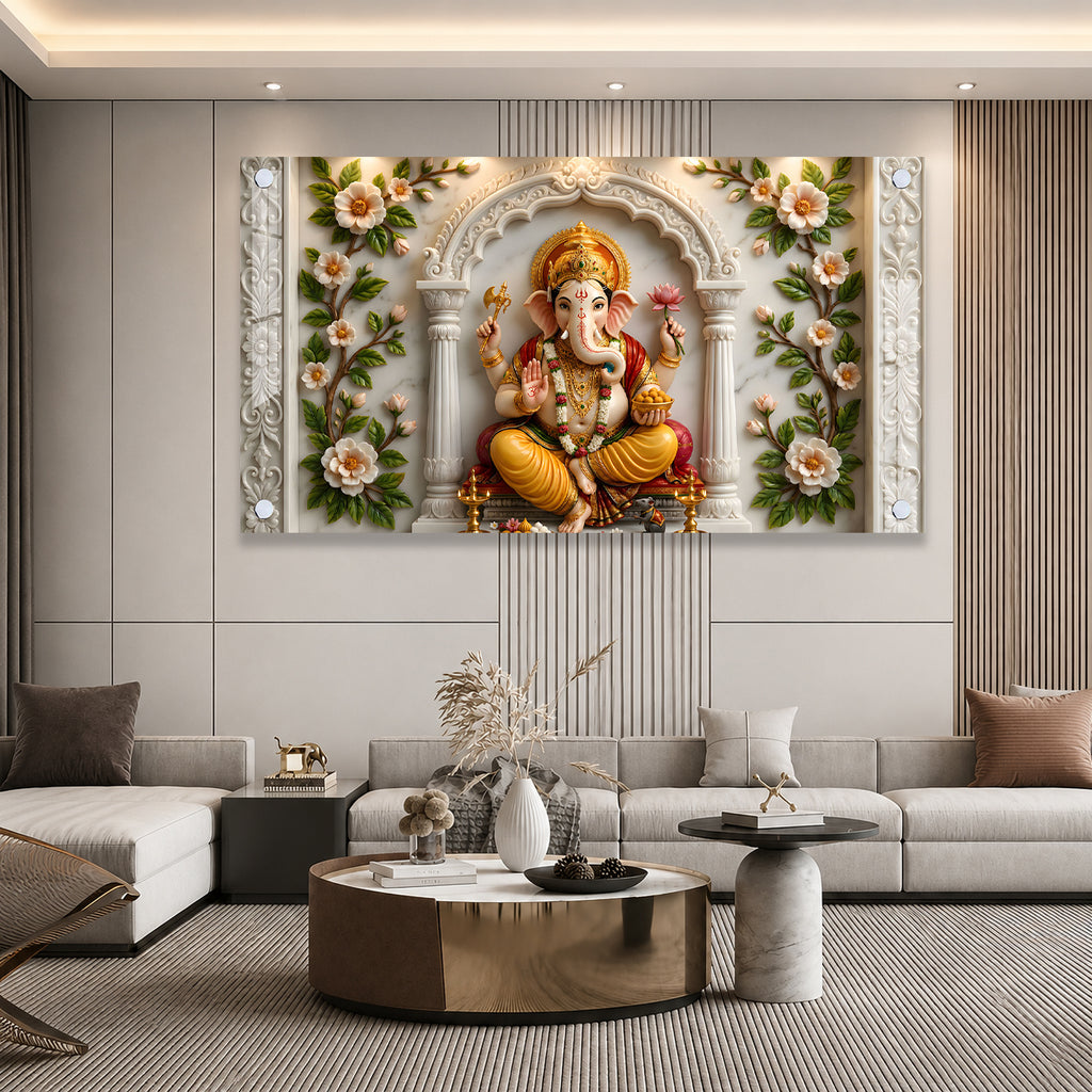 Modern Ganpati Bappa Acrylic Wall Art with Elegant Floral Border and Marble Design