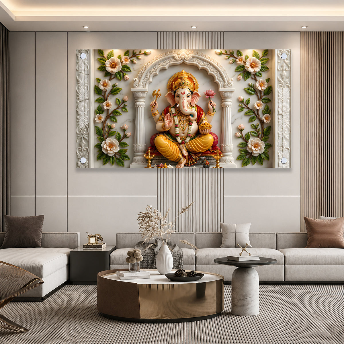 Modern Ganpati Bappa Acrylic Wall Art with Elegant Floral Border and Marble Design