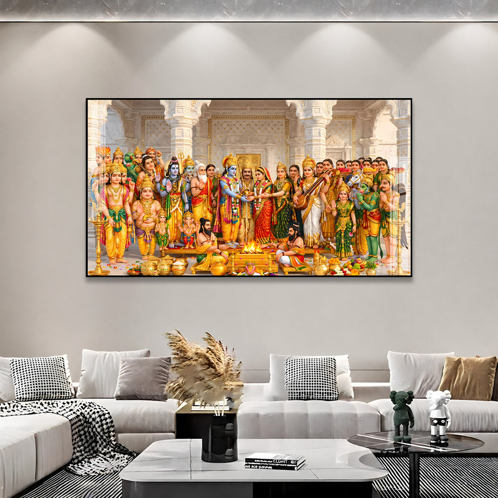Divine Ram Darbar with Hindu Gods Acrylic Wall Painting for Home Temple Decor