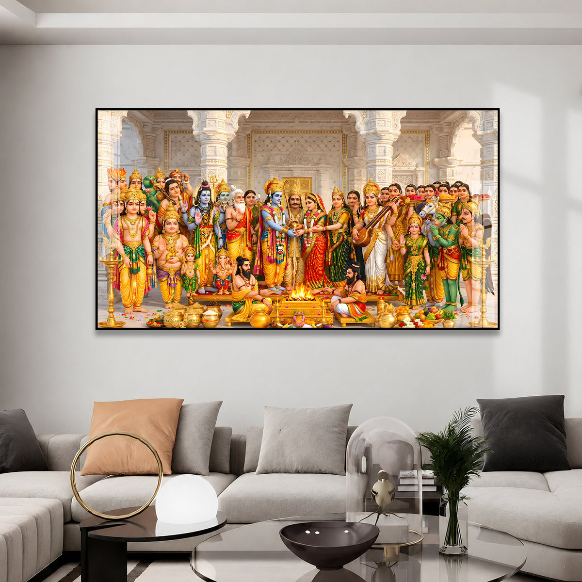 Divine Ram Darbar with Hindu Gods Acrylic Wall Painting for Home Temple Decor