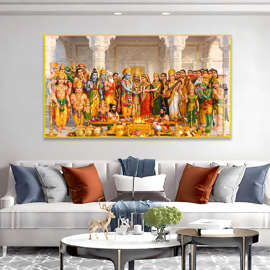 Divine Ram Darbar with Hindu Gods Acrylic Wall Painting for Home Temple Decor
