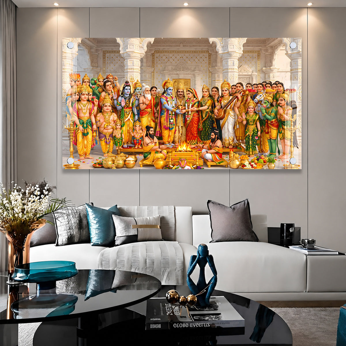 Divine Ram Darbar with Hindu Gods Acrylic Wall Painting for Home Temple Decor