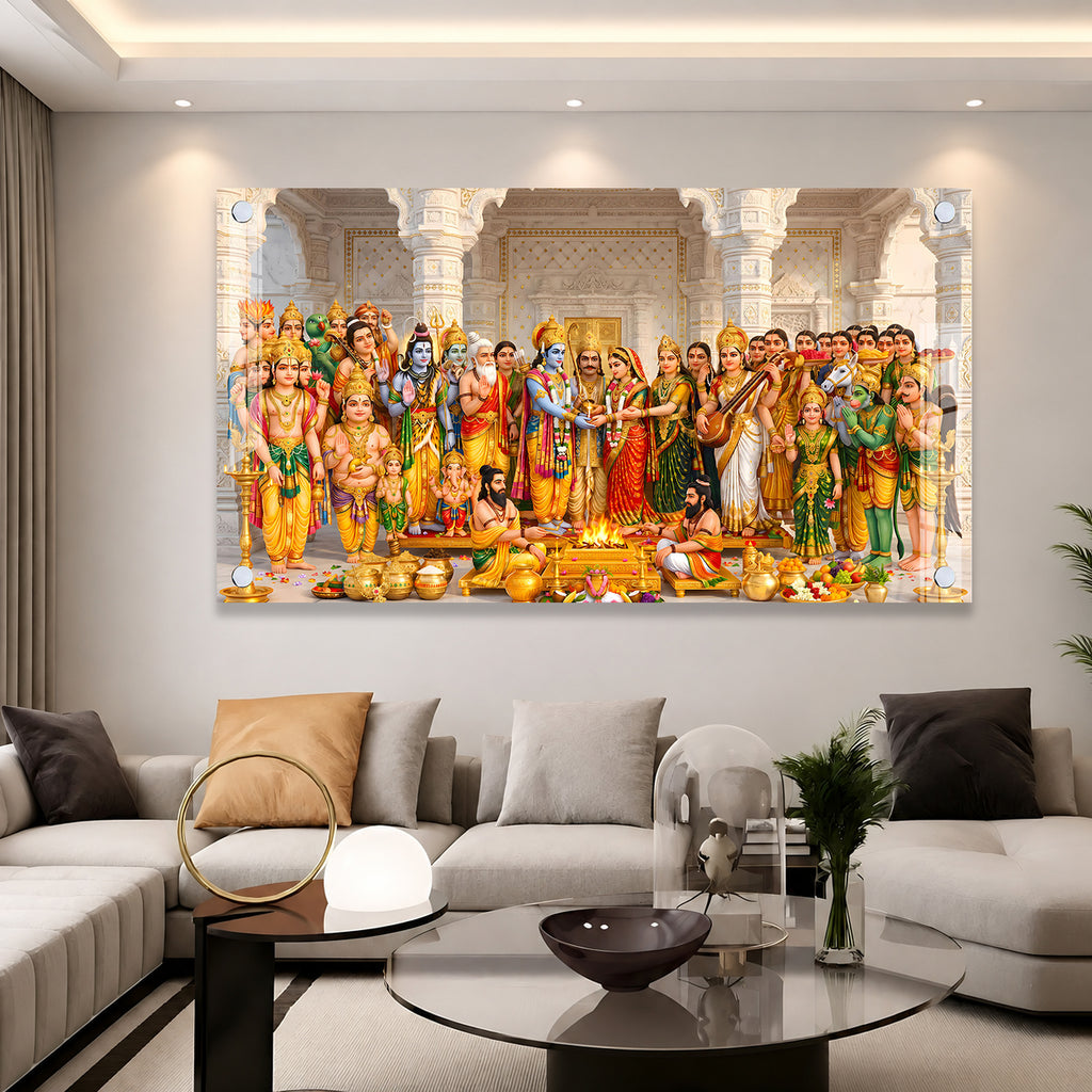 Divine Ram Darbar with Hindu Gods Acrylic Wall Painting for Home Temple Decor