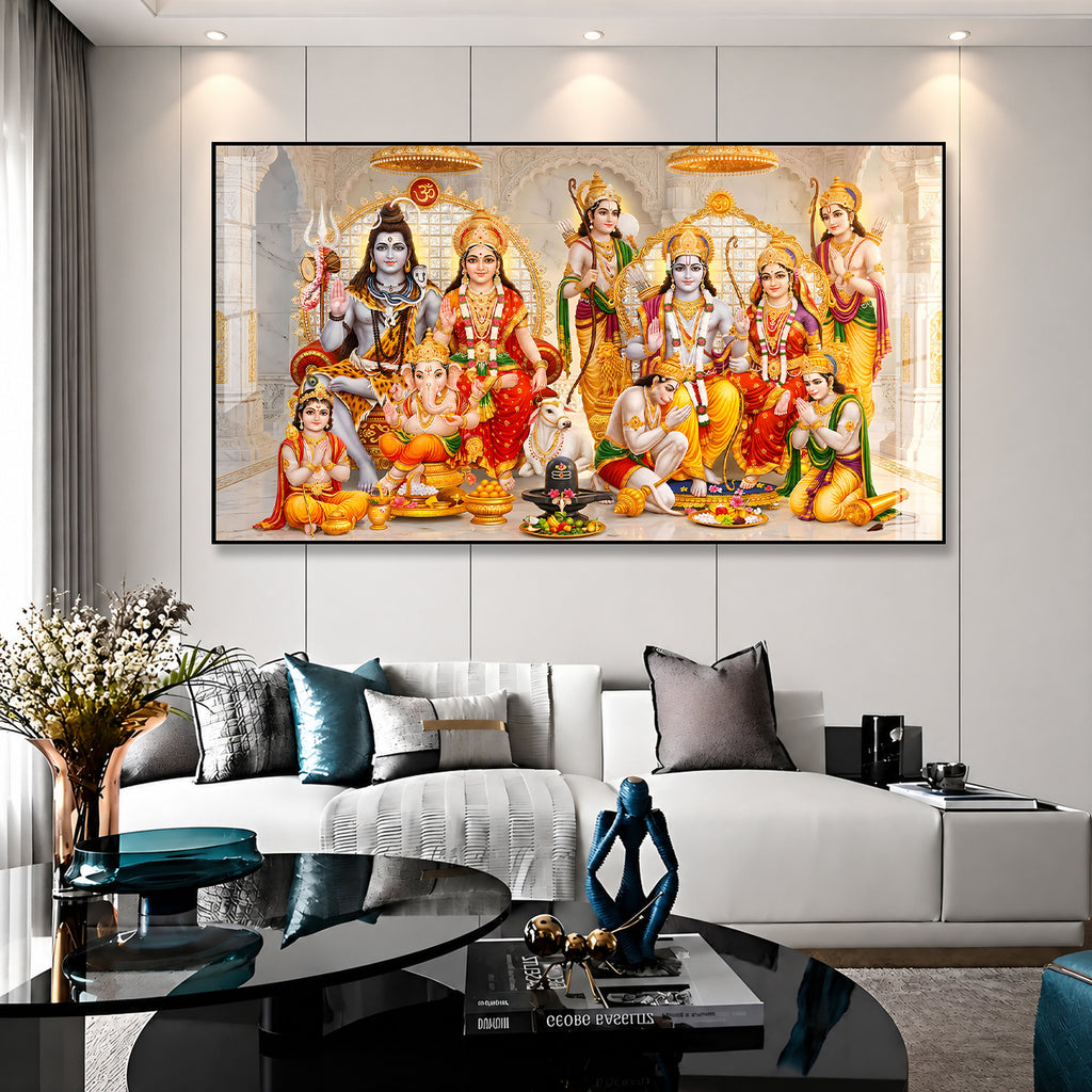 Divine Ram Darbar and Shiva Family Acrylic Painting for Living Room Wall Decor