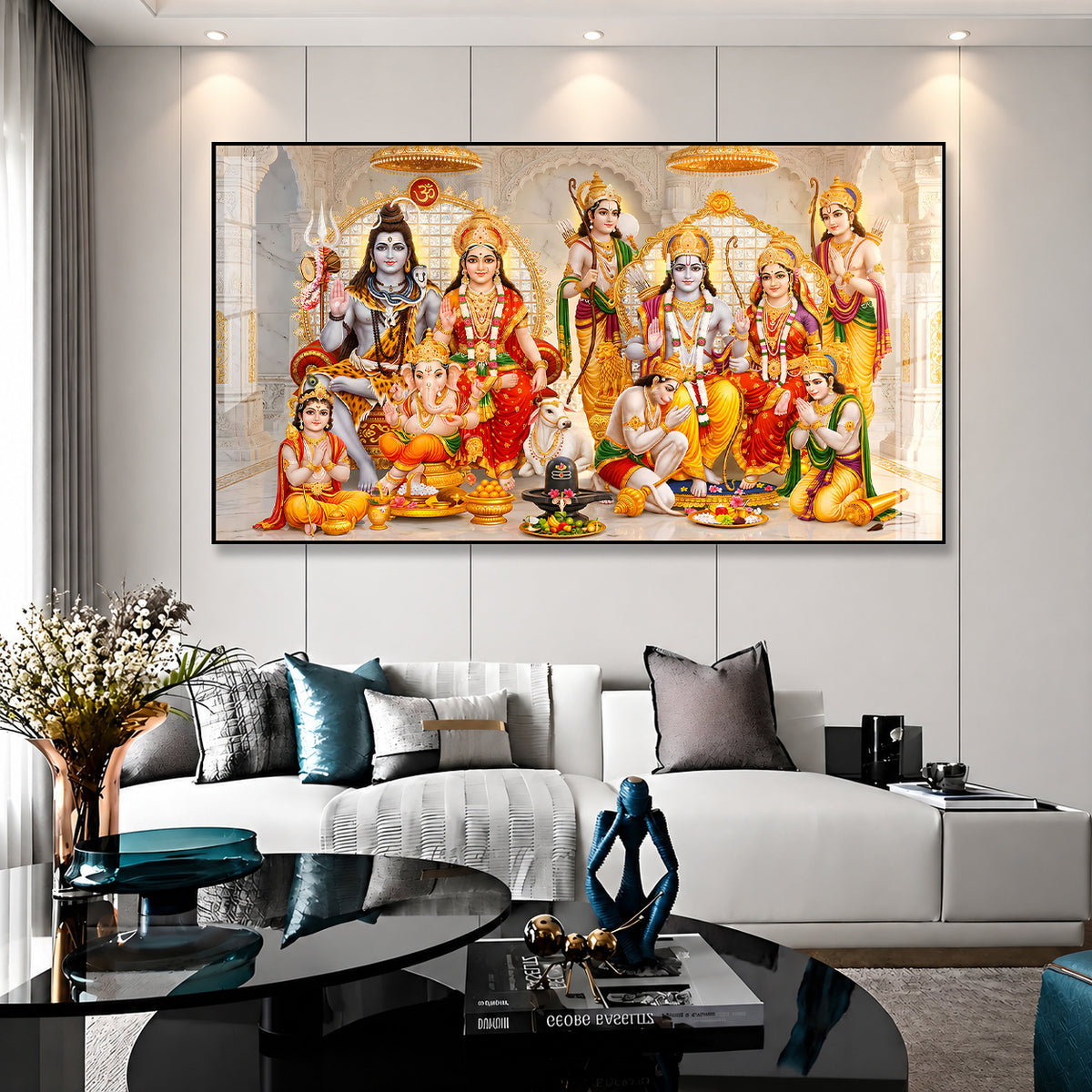 Divine Ram Darbar and Shiva Family Acrylic Painting for Living Room Wall Decor