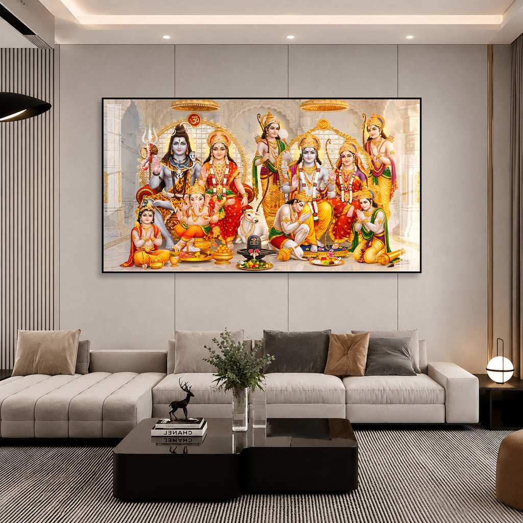 Divine Ram Darbar and Shiva Family Acrylic Painting for Living Room Wall Decor