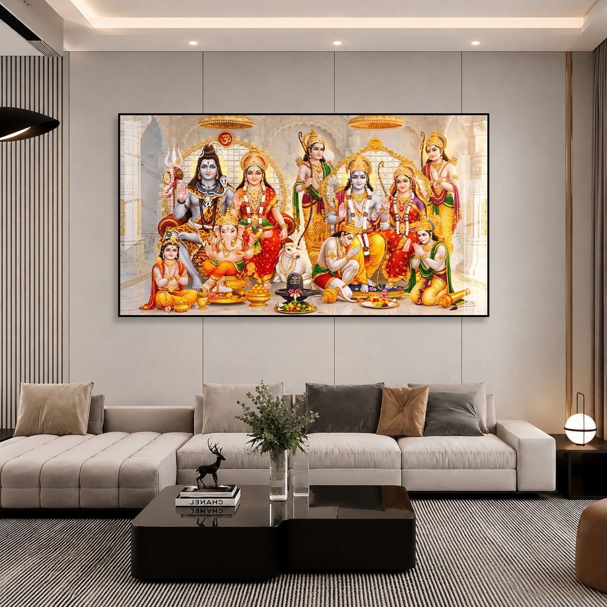 Divine Ram Darbar and Shiva Family Acrylic Painting for Living Room Wall Decor