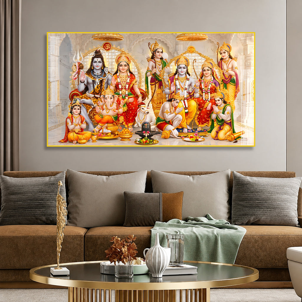 Divine Ram Darbar and Shiva Family Acrylic Painting for Living Room Wall Decor