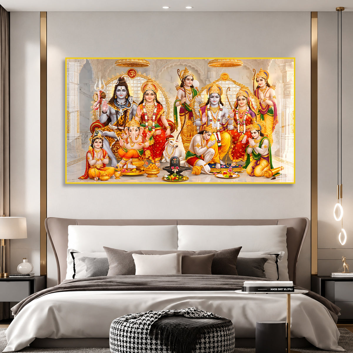 Divine Ram Darbar and Shiva Family Acrylic Painting for Living Room Wall Decor