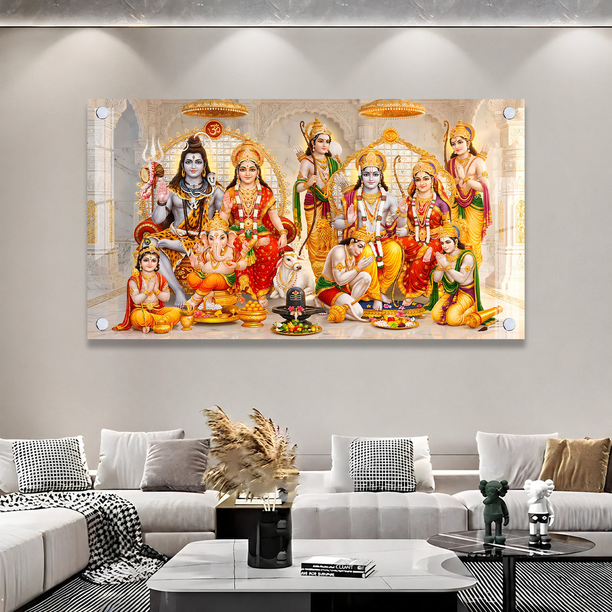 Divine Ram Darbar and Shiva Family Acrylic Painting for Living Room Wall Decor