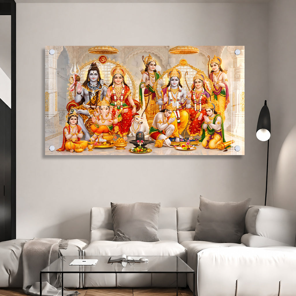 Divine Ram Darbar and Shiva Family Acrylic Painting for Living Room Wall Decor