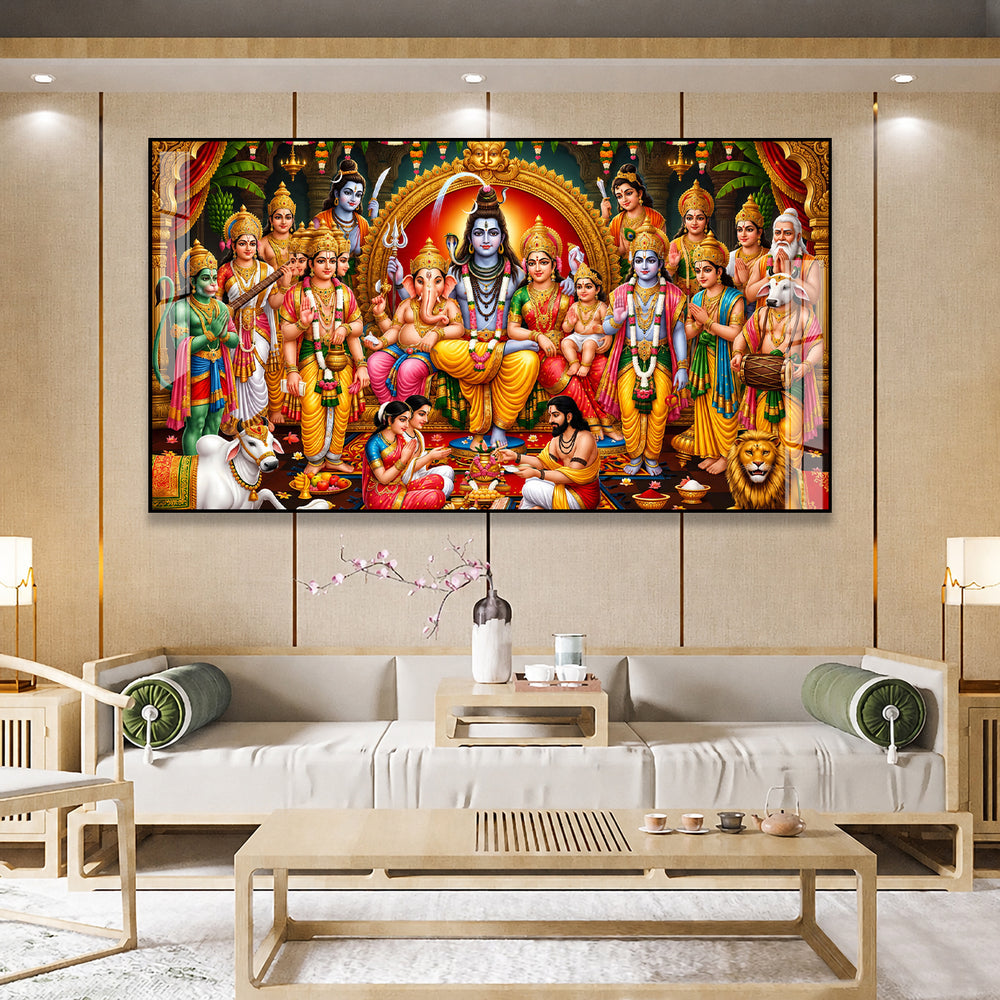 Indian Hindu Gods Acrylic Wall Painting Featuring Shiv Parivar and Ram Darbar