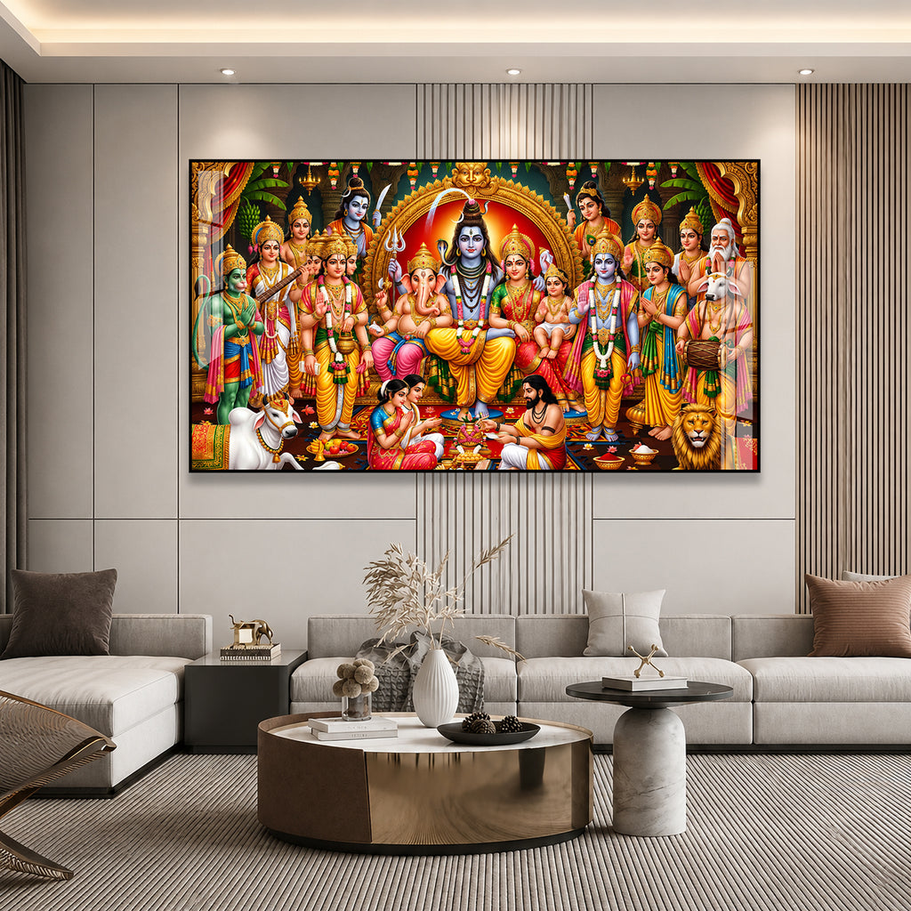Indian Hindu Gods Acrylic Wall Painting Featuring Shiv Parivar and Ram Darbar