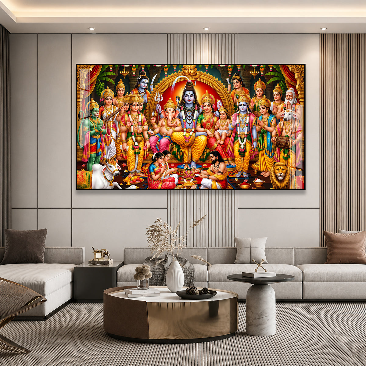 Indian Hindu Gods Acrylic Wall Painting Featuring Shiv Parivar and Ram Darbar