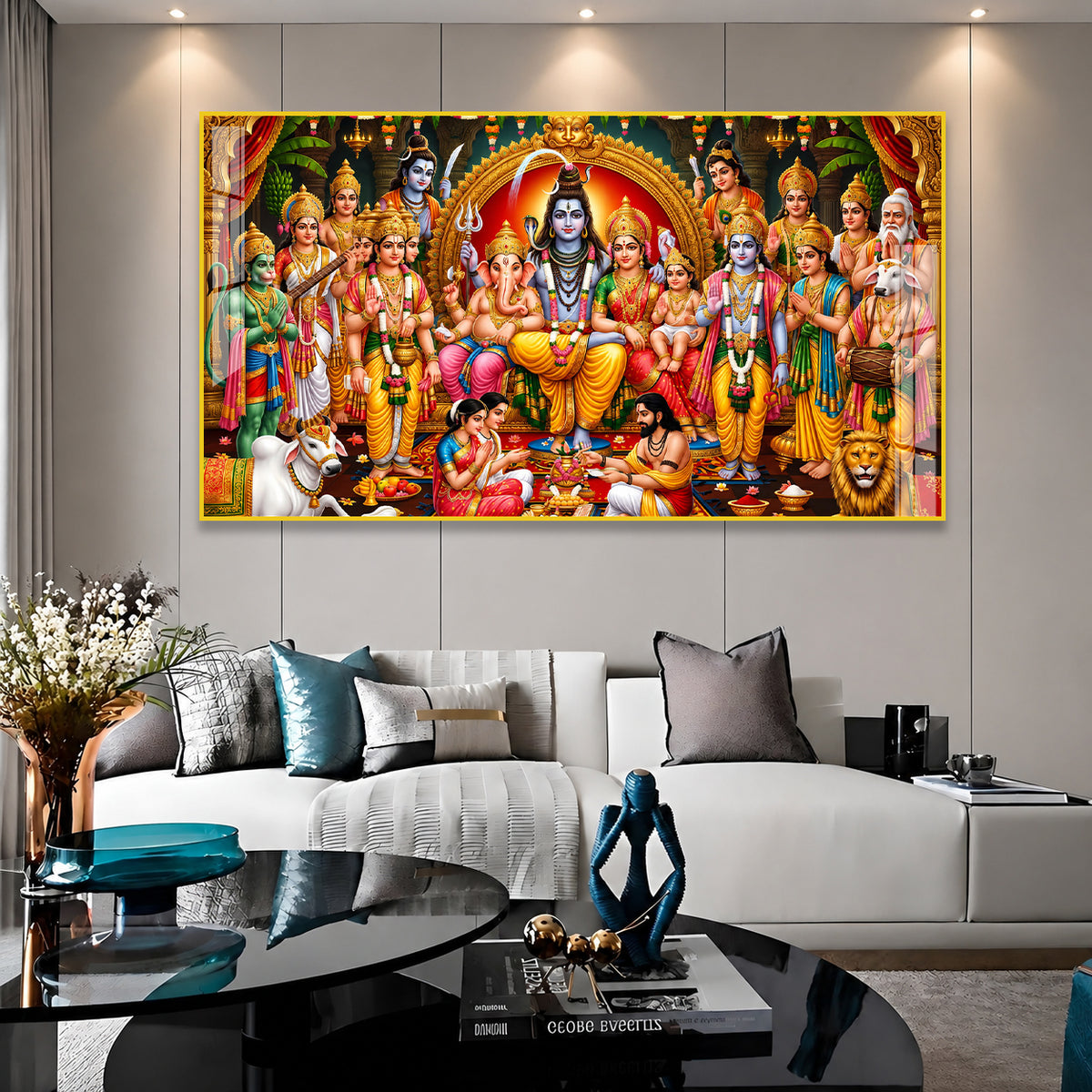 Indian Hindu Gods Acrylic Wall Painting Featuring Shiv Parivar and Ram Darbar