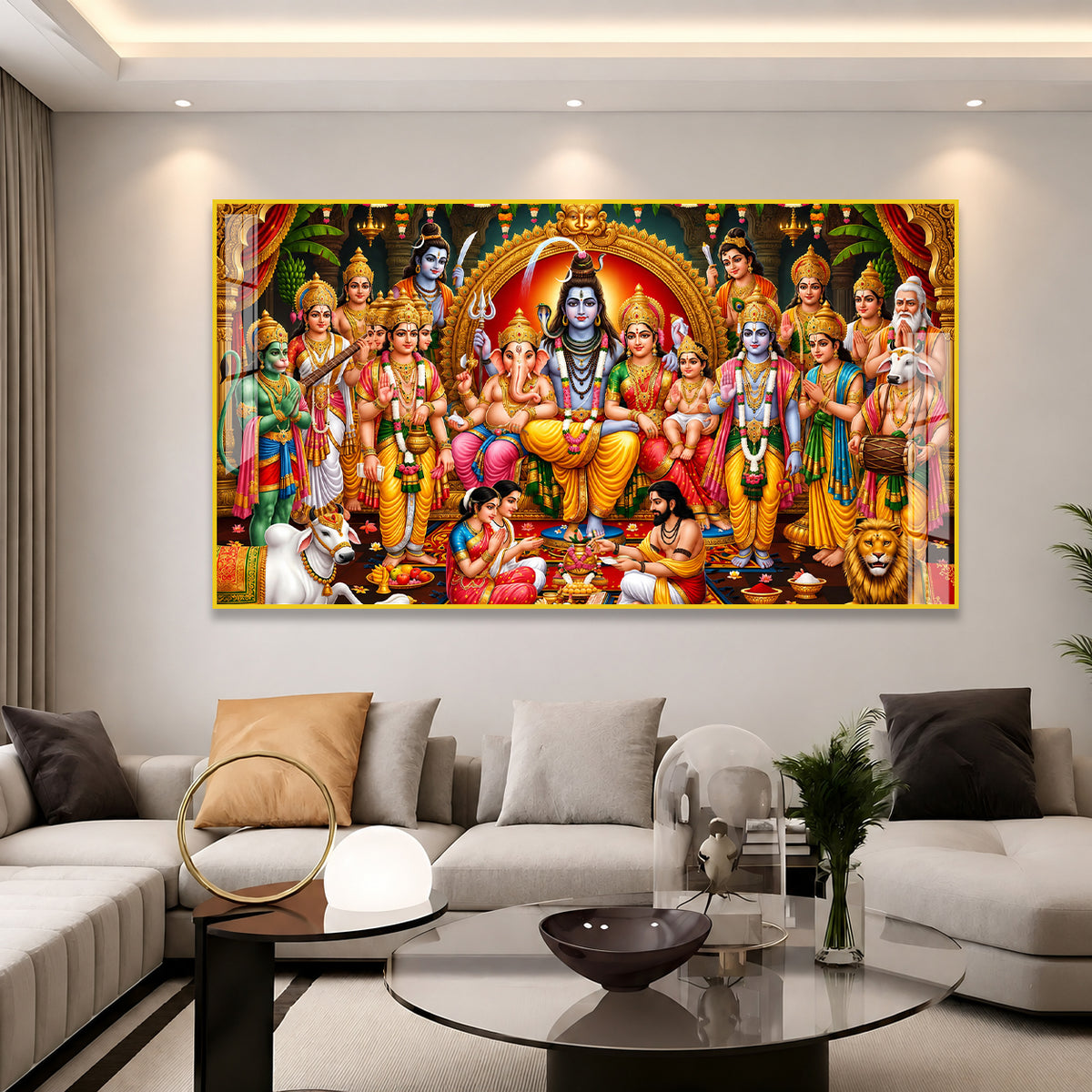 Indian Hindu Gods Acrylic Wall Painting Featuring Shiv Parivar and Ram Darbar