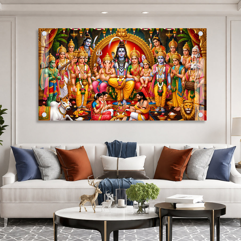 Indian Hindu Gods Acrylic Wall Painting Featuring Shiv Parivar and Ram Darbar