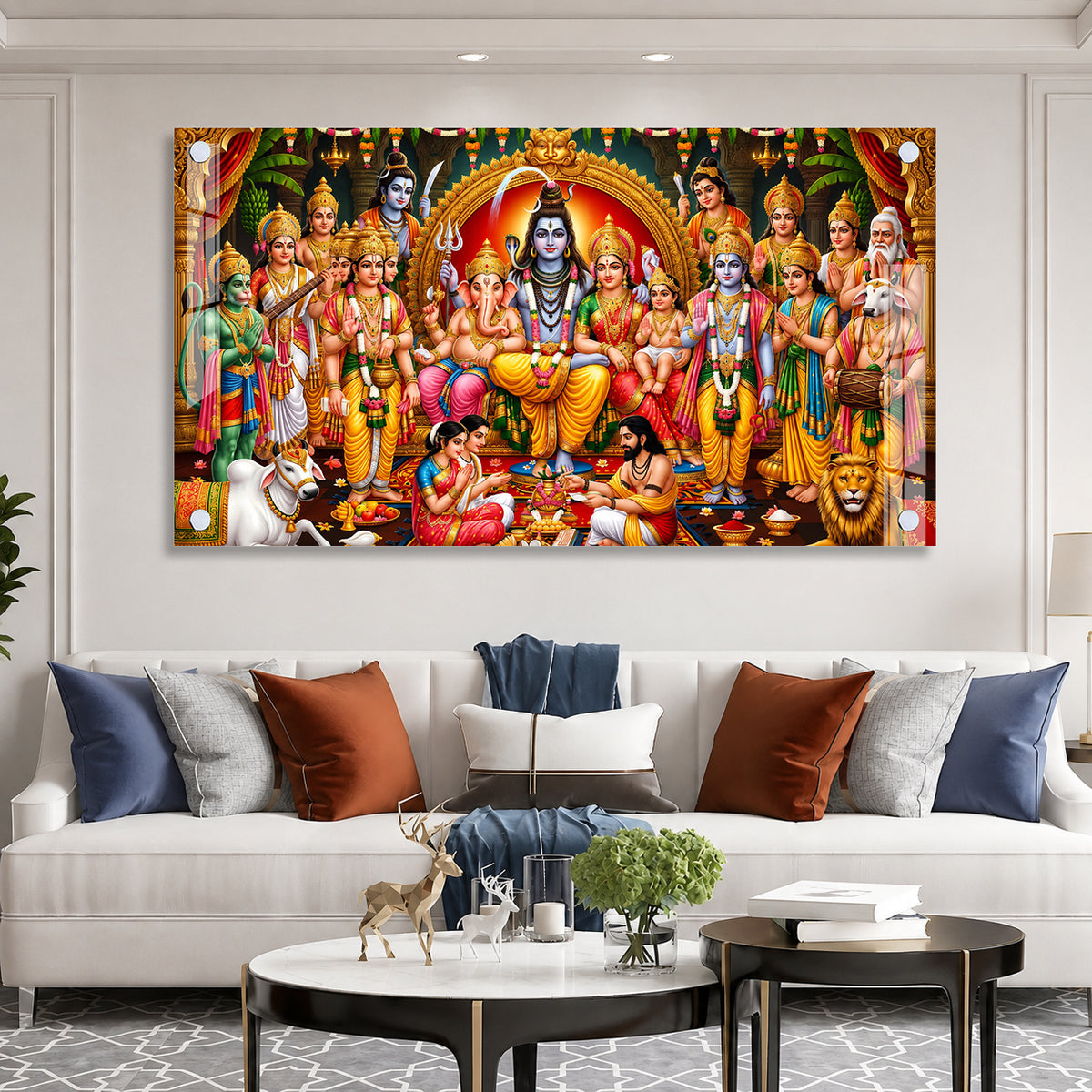 Indian Hindu Gods Acrylic Wall Painting Featuring Shiv Parivar and Ram Darbar