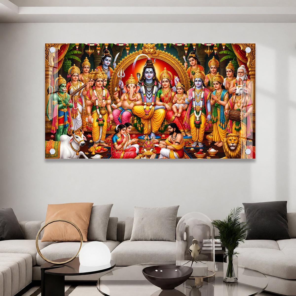 Indian Hindu Gods Acrylic Wall Painting Featuring Shiv Parivar and Ram Darbar