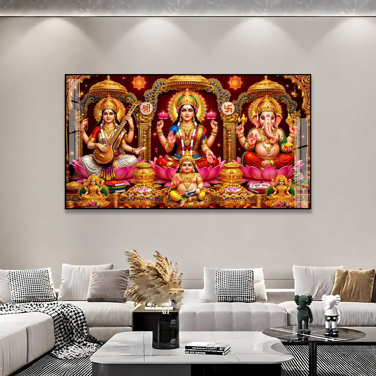 Sacred Lakshmi Ganesh Saraswati Hindu Devotional Acrylic Wall Art Painting for Home Mandir