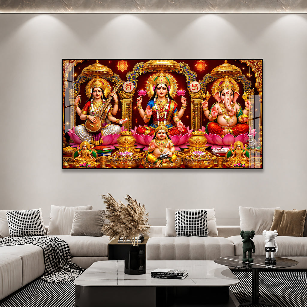 Sacred Lakshmi Ganesh Saraswati Hindu Devotional Acrylic Wall Art Painting for Home Mandir