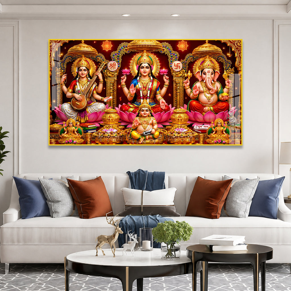 Sacred Lakshmi Ganesh Saraswati Hindu Devotional Acrylic Wall Art Painting for Home Mandir