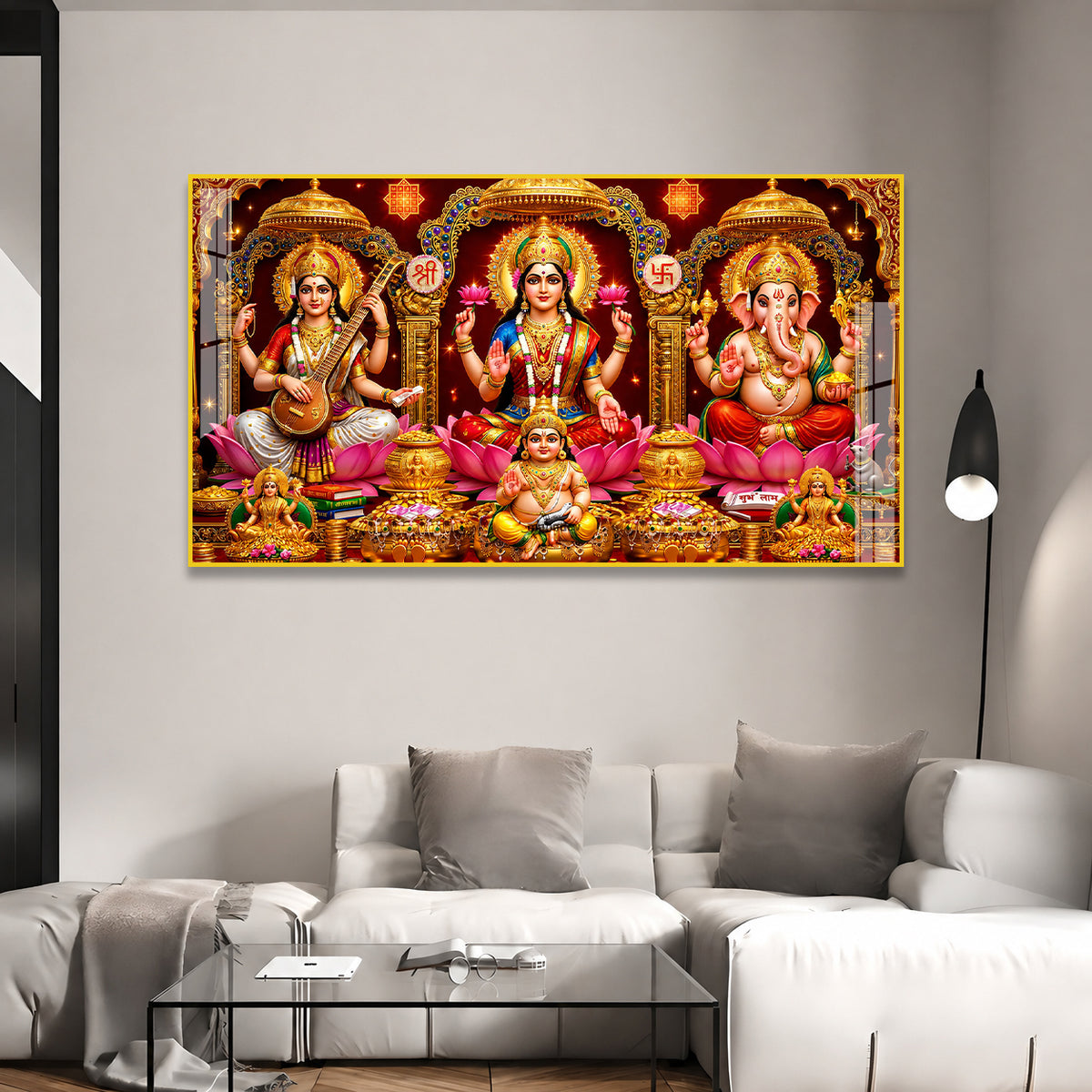 Sacred Lakshmi Ganesh Saraswati Hindu Devotional Acrylic Wall Art Painting for Home Mandir