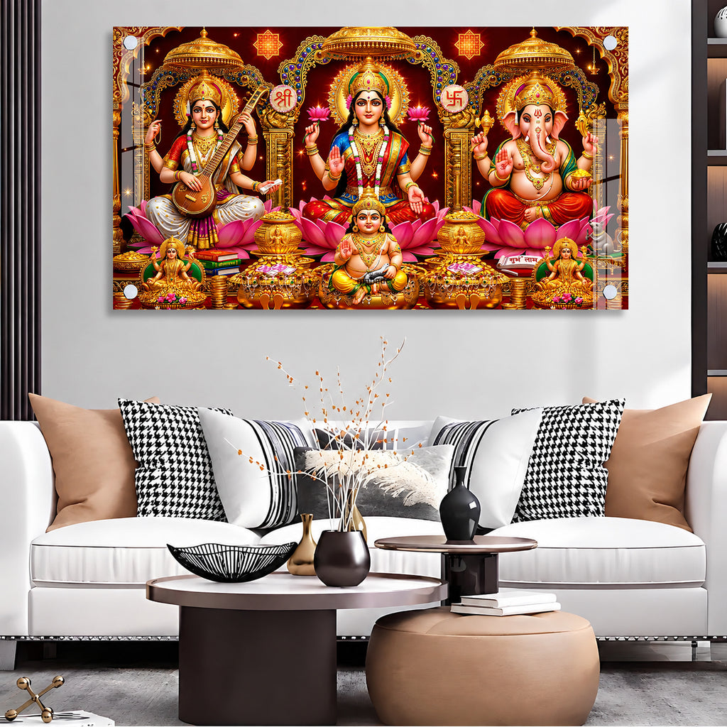 Sacred Lakshmi Ganesh Saraswati Hindu Devotional Acrylic Wall Art Painting for Home Mandir