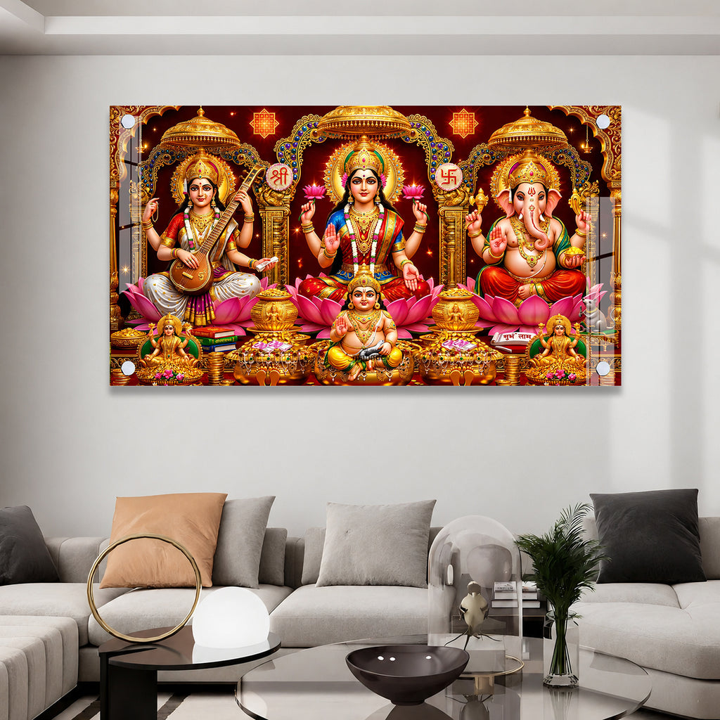 Sacred Lakshmi Ganesh Saraswati Hindu Devotional Acrylic Wall Art Painting for Home Mandir