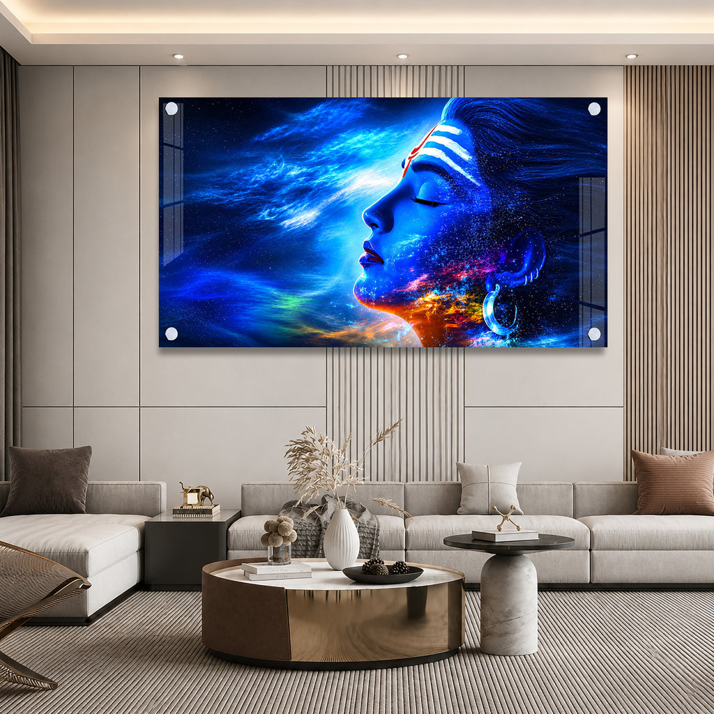 Modern Lord Shiva Acrylic Painting with Cosmic Galaxy Theme for Living Room Decor