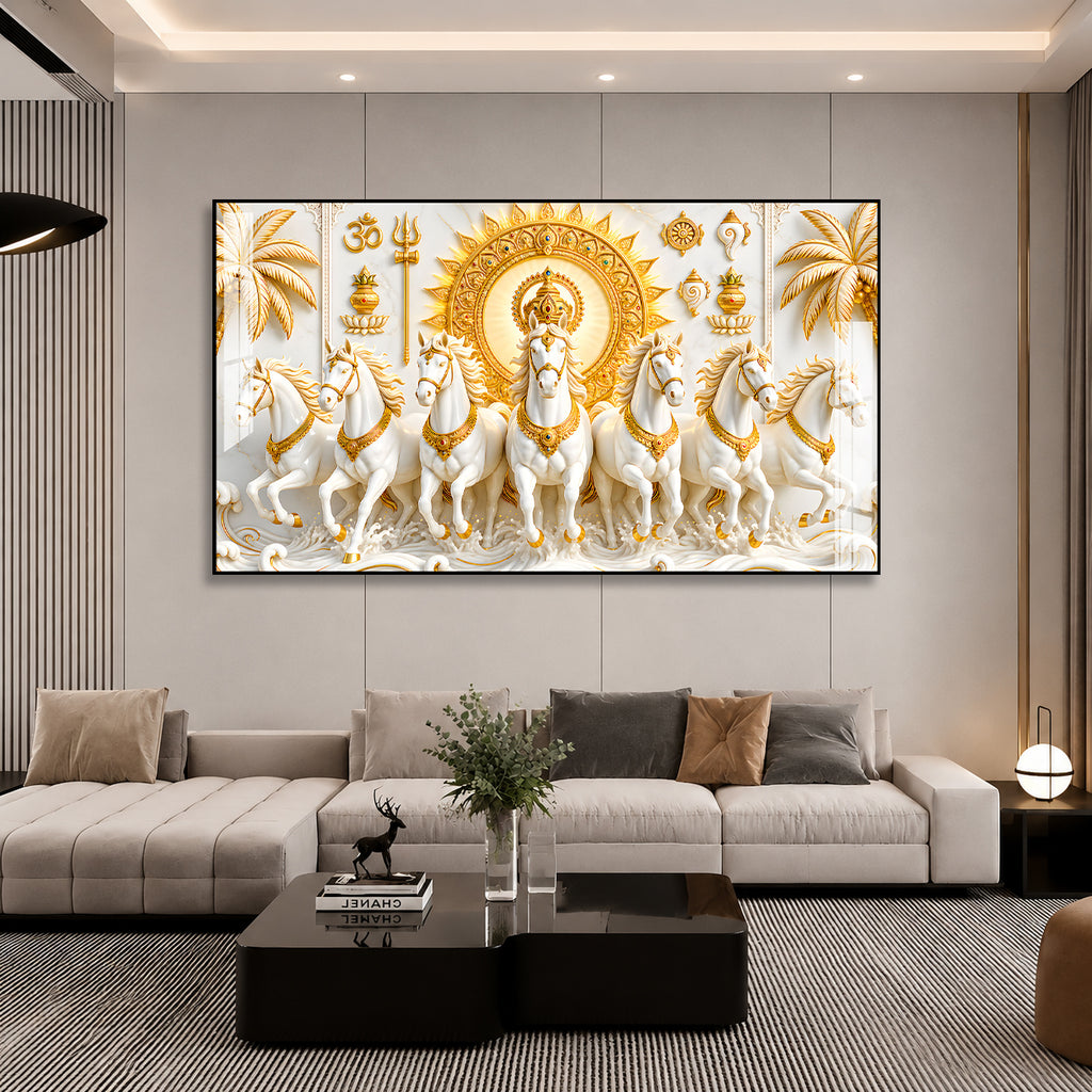 Premium Surya Narayan Seven White Horses Vastu Acrylic Painting for Living Room Decor