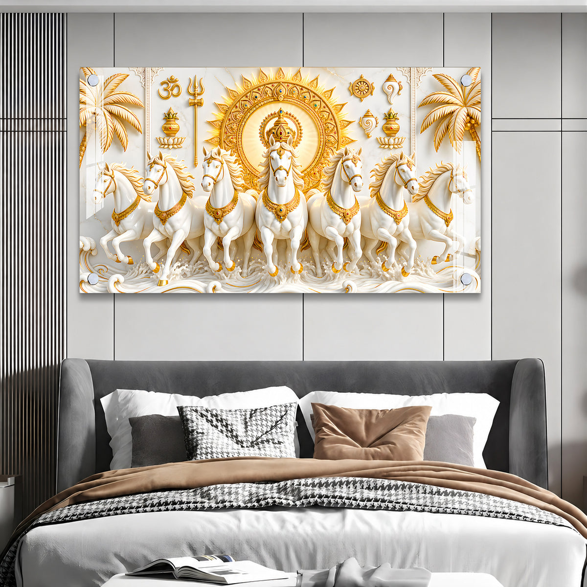 Premium Surya Narayan Seven White Horses Vastu Acrylic Painting for Living Room Decor