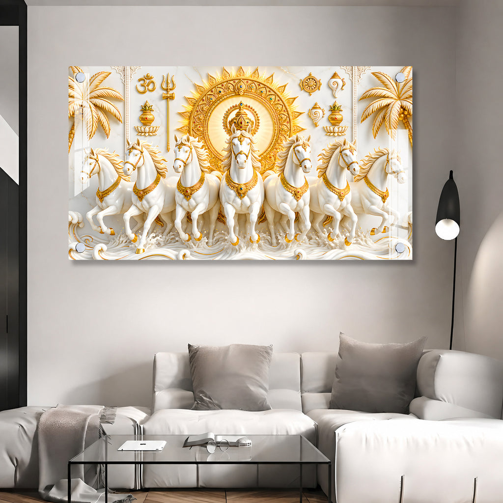 Premium Surya Narayan Seven White Horses Vastu Acrylic Painting for Living Room Decor