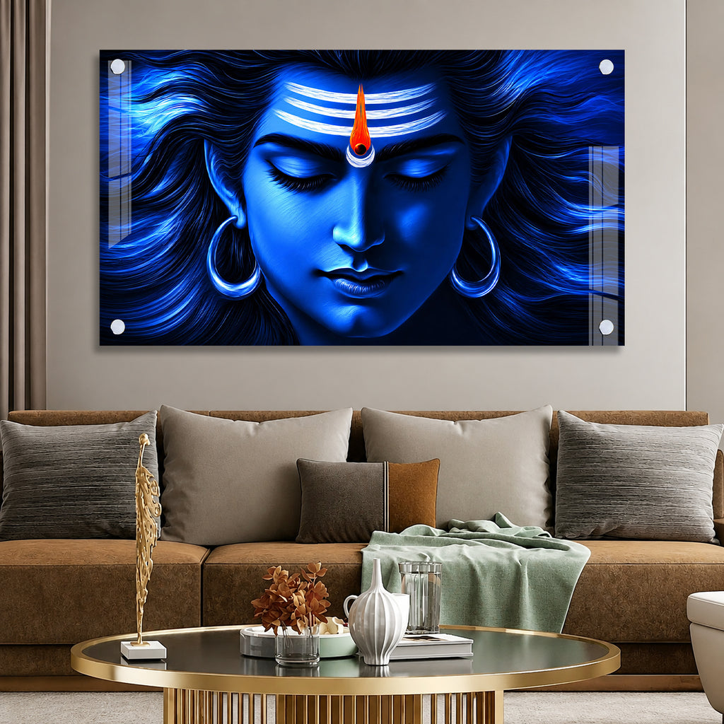 Sacred Mahakal Shiv Ji Meditation Acrylic Wall Painting for Temple, Mandir and Spiritual Home