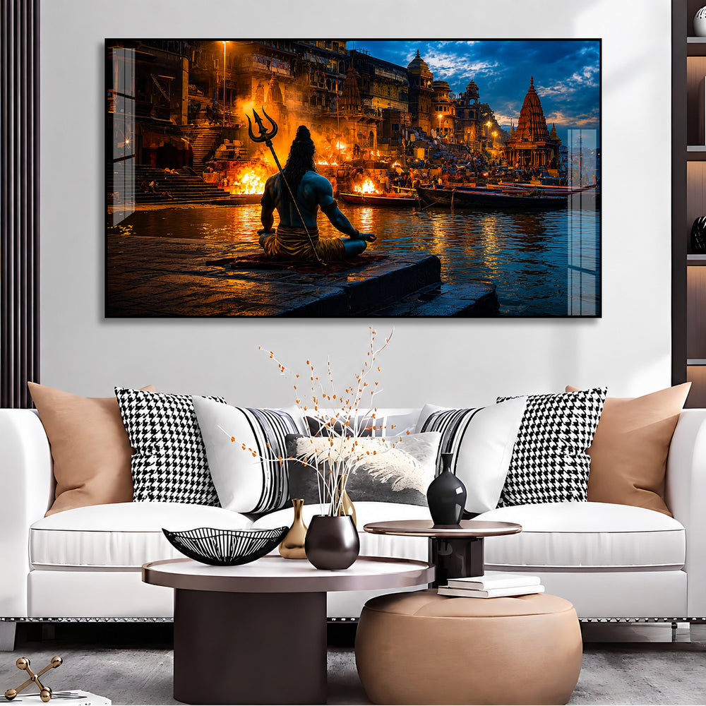 Divine Lord Shiva at Varanasi Ghat Acrylic Wall Painting for Home Temple and Spiritual Decor