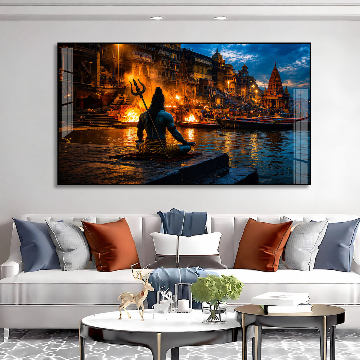 Divine Lord Shiva at Varanasi Ghat Acrylic Wall Painting for Home Temple and Spiritual Decor