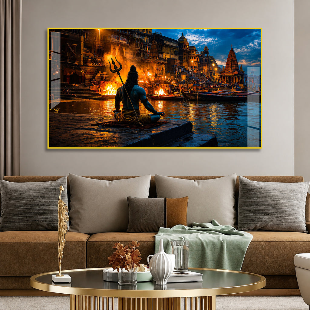 Divine Lord Shiva at Varanasi Ghat Acrylic Wall Painting for Home Temple and Spiritual Decor